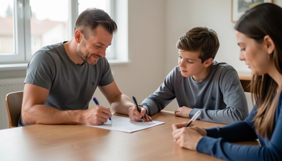 An adult and a young person signing a consent form at a table, with a parent observing. Illustrative image, generated with AI.