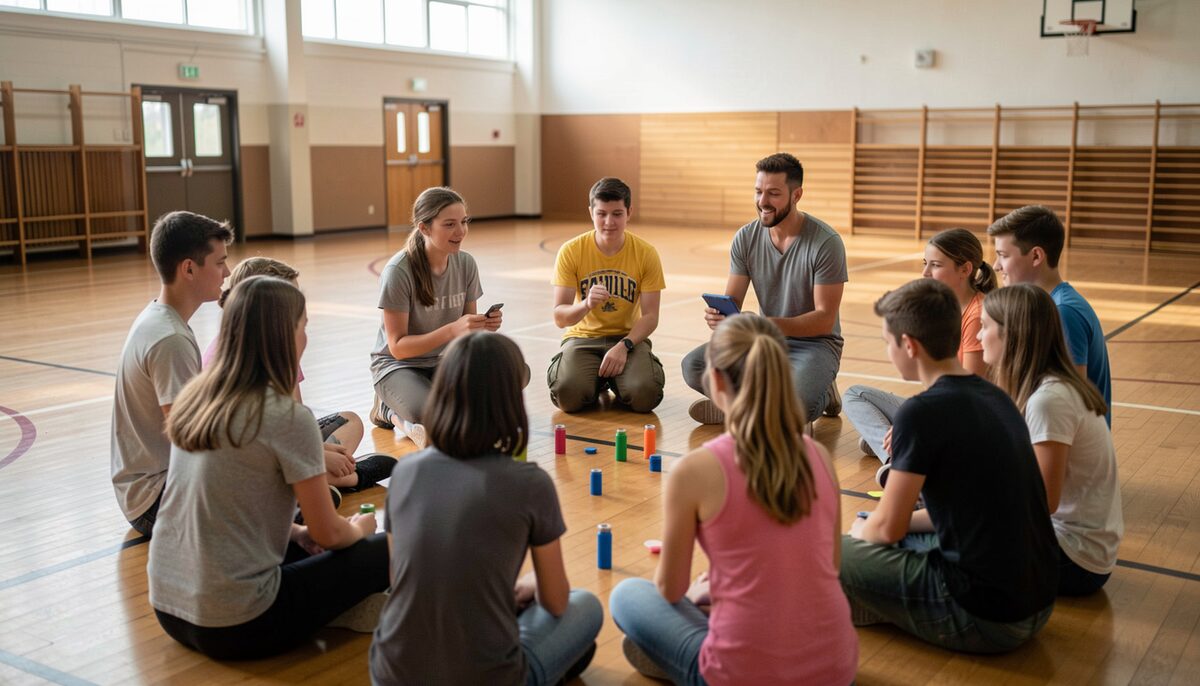 A circle of teenagers and an adult facilitator playing a team building game in a gymnasium. Illustrative image, generated with AI.